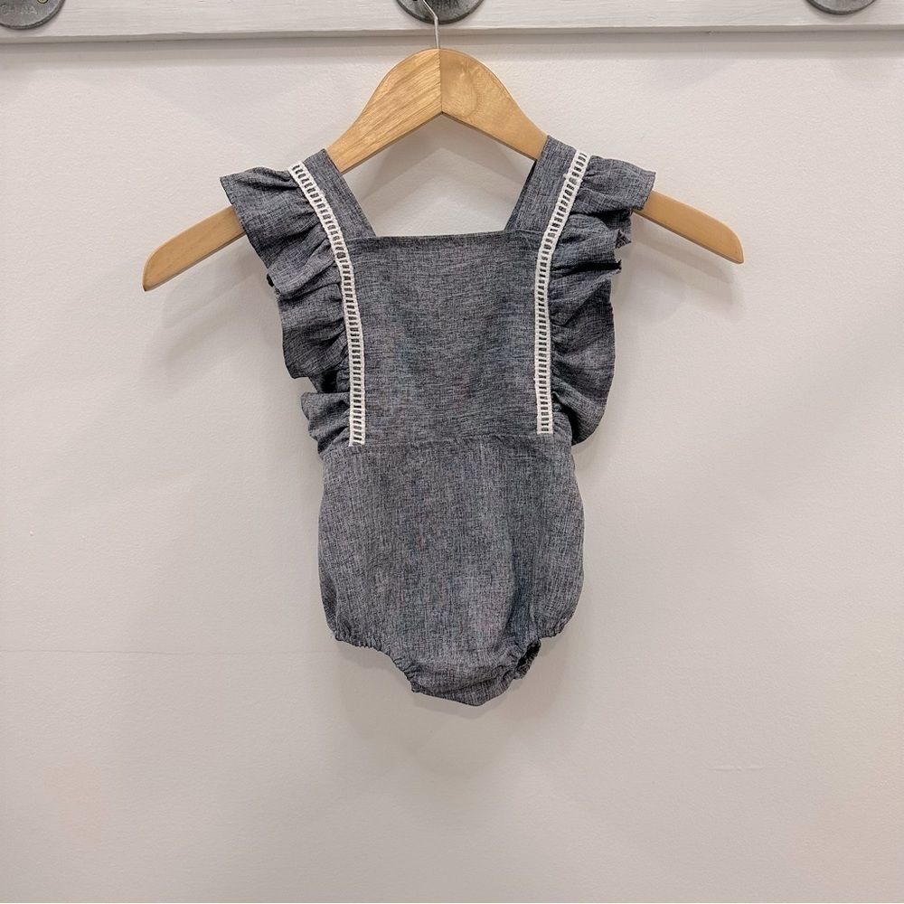 Vintage 2T girls chambray romper with shoulder ruffles